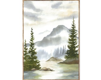 Mountain Lake Watercolor Painting, Sage Green Pine Tree Art Print