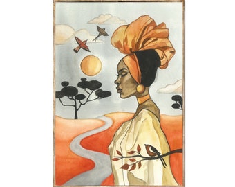 African Woman Art Abstract Watercolor Painting Boho Woman Wall Decor African Fashion Painting Black Girl Art Print by RigelStarStore