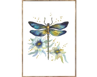 Dragonfly Watercolor Art Print, Wildflower Meadow Wall Decor