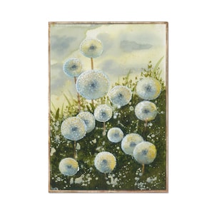 Dandelions Art Print Abstract Floral Wall Art Minimalist Watercolor Painting Windflowers Artwork Sage Green Wall Decor by RigelStarStore