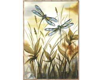 Dragonfly Watercolor Print, Minimalist Wildflower Wall Art