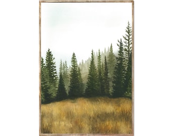 Pine Forest Art Evergreen Trees Poster Fall Landscape Art Misty Forest Painting Minimalist Watercolor Wall Decor by RigelStarStore