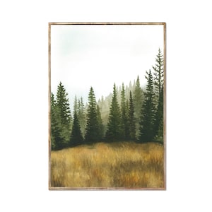Pine Forest Art Evergreen Trees Poster Fall Landscape Art Misty Forest Painting Minimalist Watercolor Wall Decor by RigelStarStore