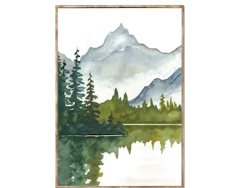 Mountain Lake Watercolor Art Print, Minimalist Nature Decor