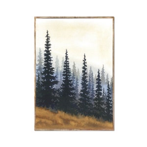 May include: A watercolor painting of a forest scene with tall, dark blue pine trees silhouetted against a light yellow and white sky. The trees are arranged in a row, with the tallest tree in the center. The ground is a light brown color.