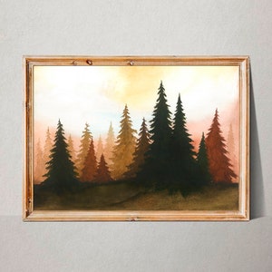 Sunset Forest Art Print Pine Trees Watercolor Painting Terracotta and Black Wall Art Minimalist Landscape Wall Decor by RigelStarStore image 6