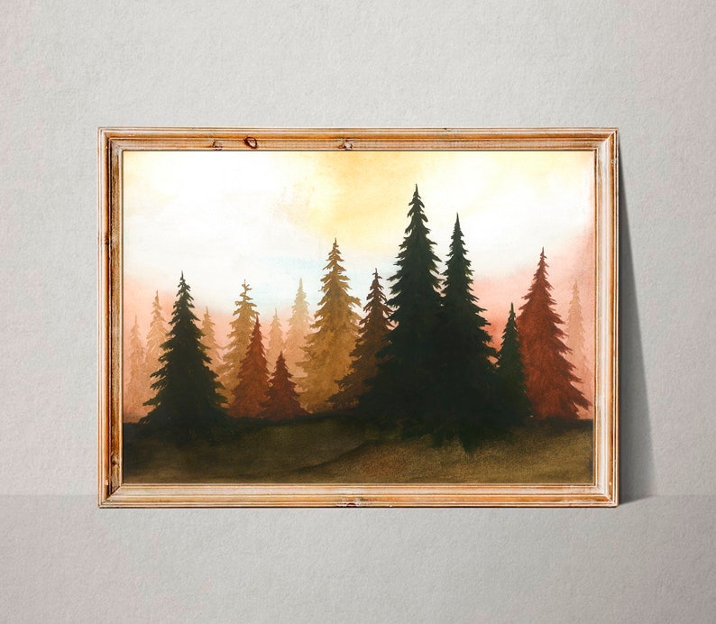 Sunset Forest Art Print Pine Trees Watercolor Painting Terracotta and Black Wall Art Minimalist Landscape Wall Decor by RigelStarStore image 6