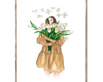 Tulips Bouquet Art Print Girl with Flowers Watercolor Painting Faceless Portrait Poster Spring Flowers Art Garden Flowers by RigelStarStore