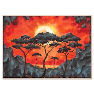 African Sunset Printed Savannah Tree Painting Safari Landscape Art Minimalist Watercolor Painting Orange Black Wall Decor by RigelStarStore
