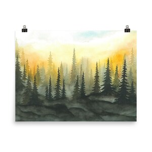 Foggy Forest Art Print Sunset Forest Watercolor Painting Misty Pine ...