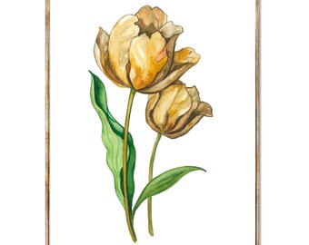 Sepia Tulips Art Print, Botanical Watercolor Painting