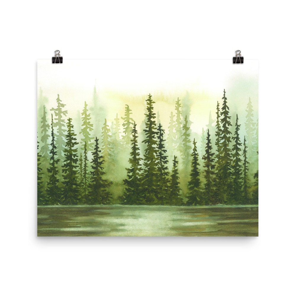 Pine Forest Watercolor Painting, Sage Green Sunset Art Print - Etsy