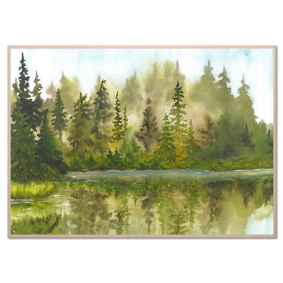Pine Forest Art Minimalist Landscape Wall Decor Pine Trees Watercolor ...