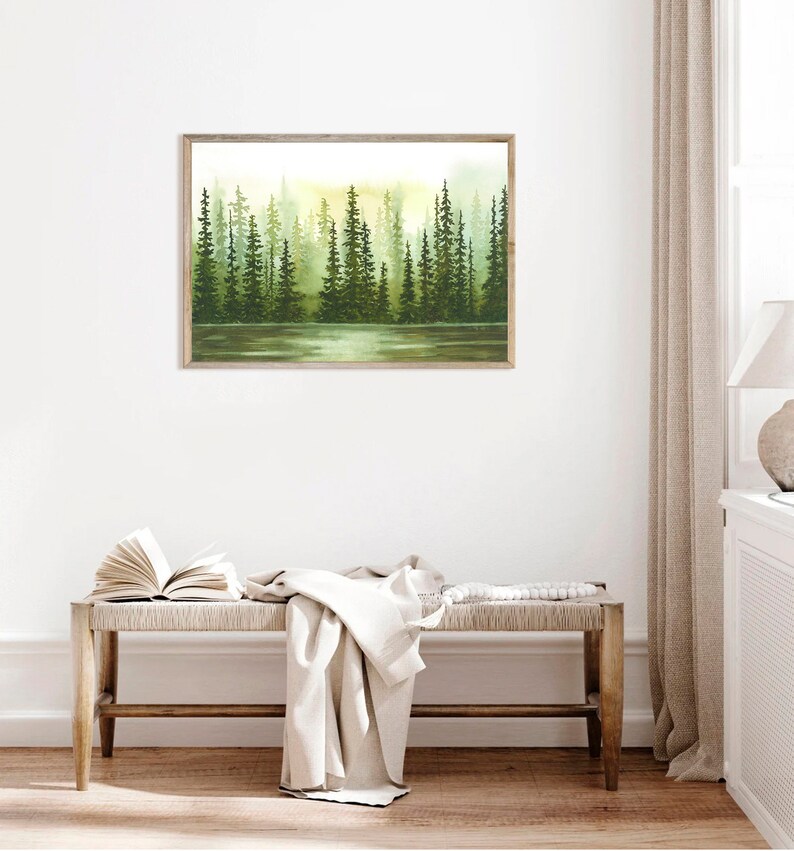 Pine Forest Watercolor Painting, Sage Green Sunset Art Print - Etsy