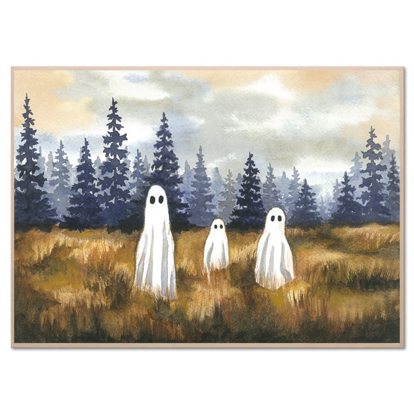 Halloween Art Print Ghost Watercolor Painting Cute Ghosts in Field Pine ...