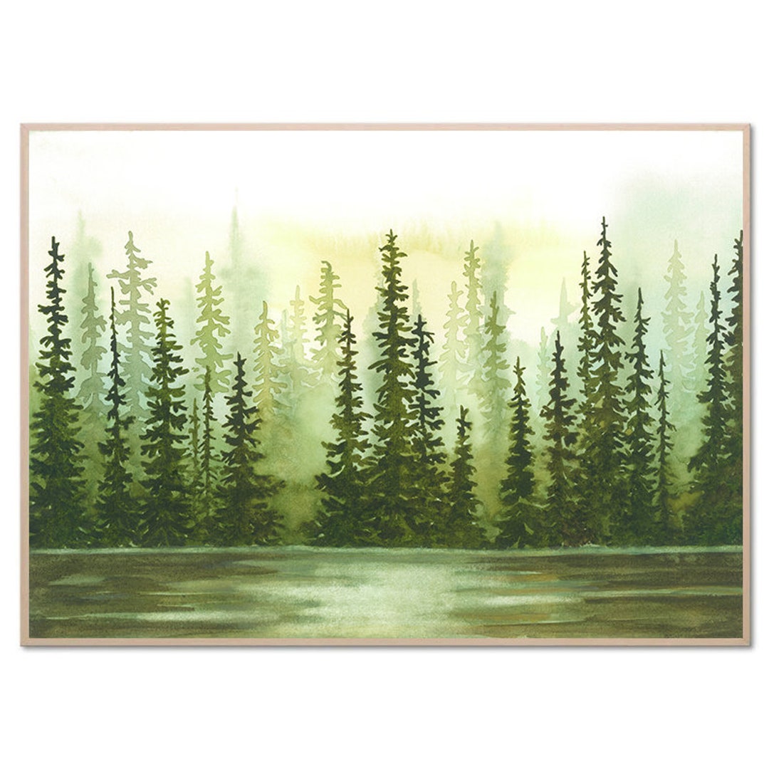 Pine Forest Watercolor Painting, Sage Green Sunset Art Print - Etsy
