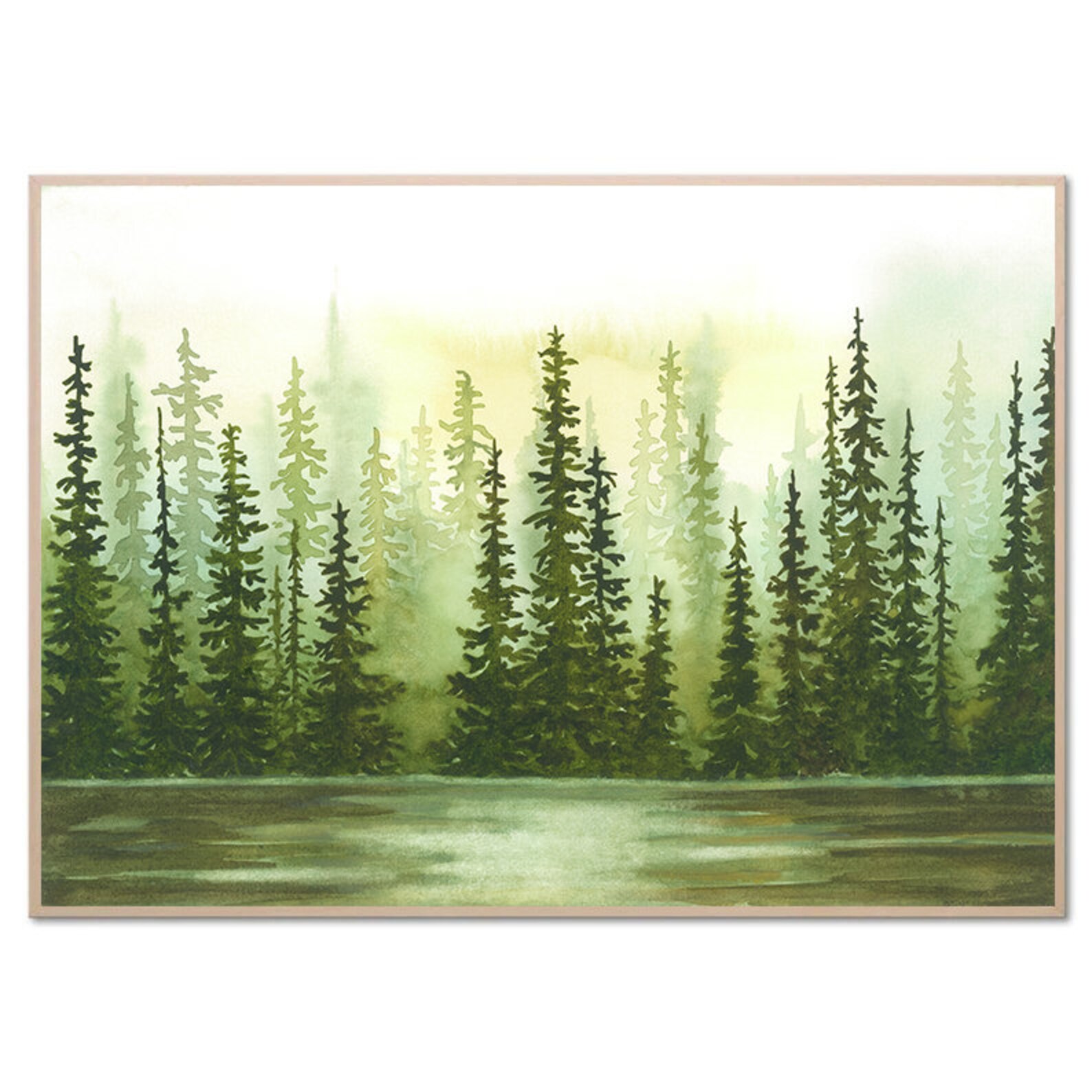 Pine Forest Watercolor Painting, Sage Green Sunset Art Print - Etsy