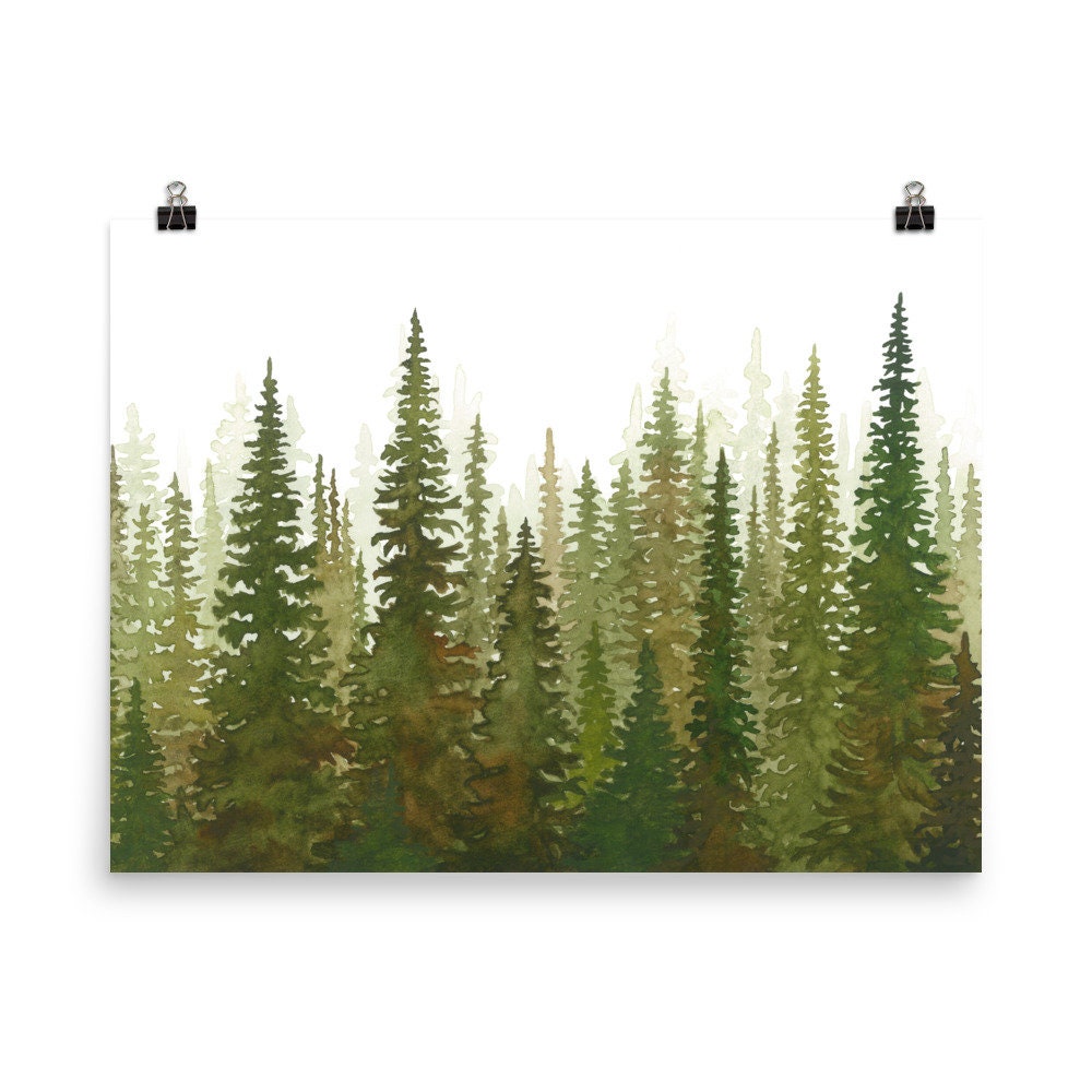 Misty Pine Forest Watercolor Art Print: Sage Green Landscape - Etsy