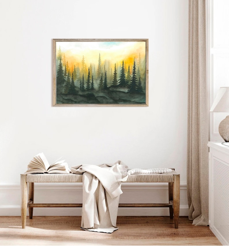 Foggy Forest Art Print Sunset Forest Watercolor Painting Misty Pine Trees Poster Evergreen Forest Landscape Wall Art by RigelStarStore image 3