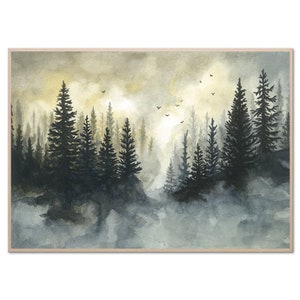Misty Forest Print Evergreen Forest Watercolor Painting Pine Trees Art Minimalist Landscape Art Print Foggy Nature Poster by RigelStarStore