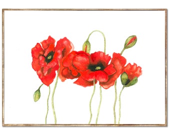 Dancing Poppies Art Print Moody Flowers Watercolor Painting Red Florals Wall Art Botanical Poster Minimalist Wall Decor by RigelStarStore