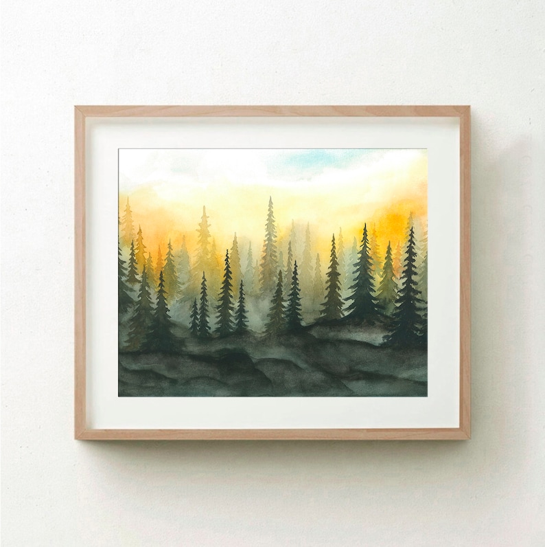 Foggy Forest Art Print Sunset Forest Watercolor Painting Misty Pine Trees Poster Evergreen Forest Landscape Wall Art by RigelStarStore image 7