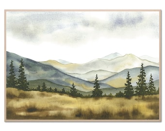Misty Mountain Watercolor Landscape Art Print, Pine Trees Poster