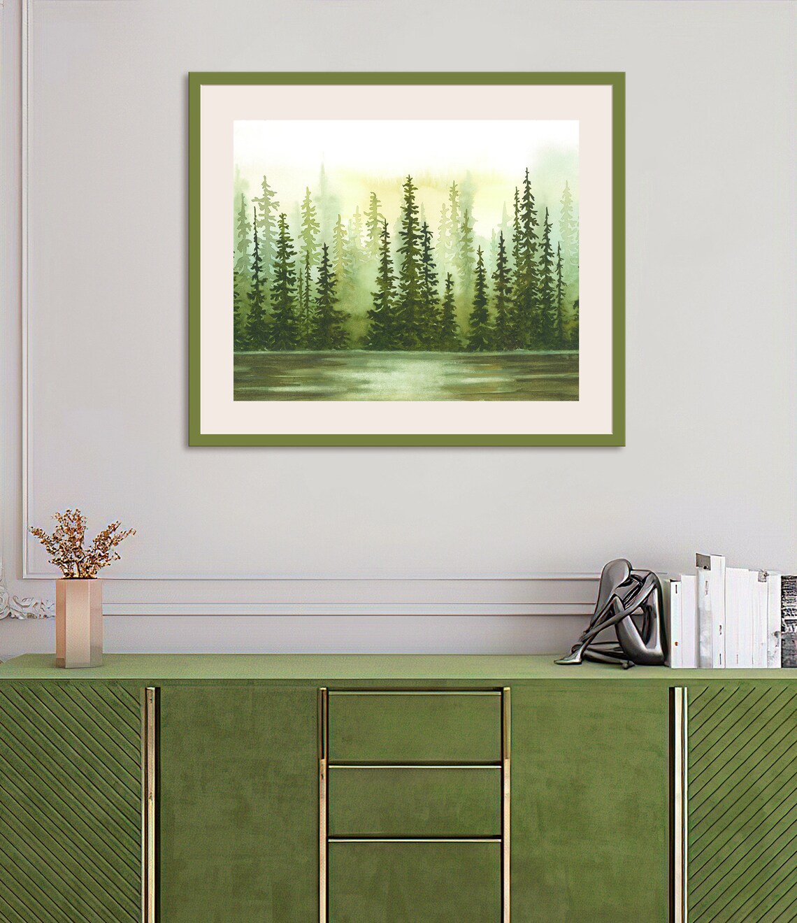 Pine Forest Watercolor Painting, Sage Green Sunset Art Print - Etsy