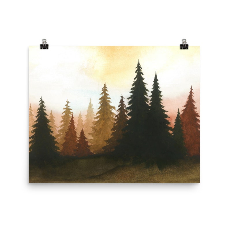 Sunset Forest Art Print Pine Trees Watercolor Painting Terracotta and Black Wall Art Minimalist Landscape Wall Decor by RigelStarStore image 9