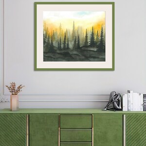 Foggy Forest Art Print Sunset Forest Watercolor Painting Misty Pine Trees Poster Evergreen Forest Landscape Wall Art by RigelStarStore image 8