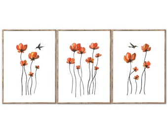 Moody Poppies Set Of 3 Prints Minimalist Wall Art Hummingbird Poster Red Flowers Watercolor Painting Botanical Floral Art by RigelStarStore