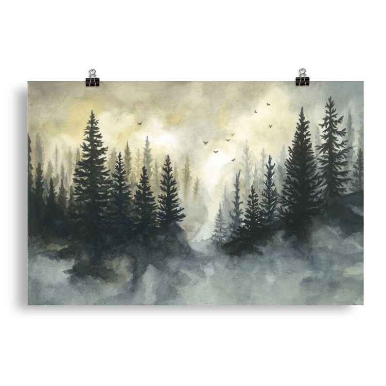 Misty Forest Print Evergreen Forest Watercolor Painting Pine Trees Art Minimalist Landscape Art ...