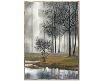 Misty Forest Print Ontario Lake Painting Minimalist Watercolor Painting Misty Trees Poster Foggy Forest Lake Art by RigelStarStore