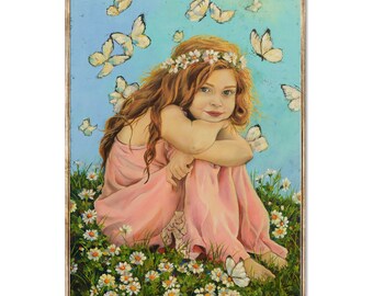 Little Ginger Girl Art Print Daises Flowers Oil Painting Wildflowers Poster White Butterfly Wall Art Floral Wall Decor by RigelStarStore