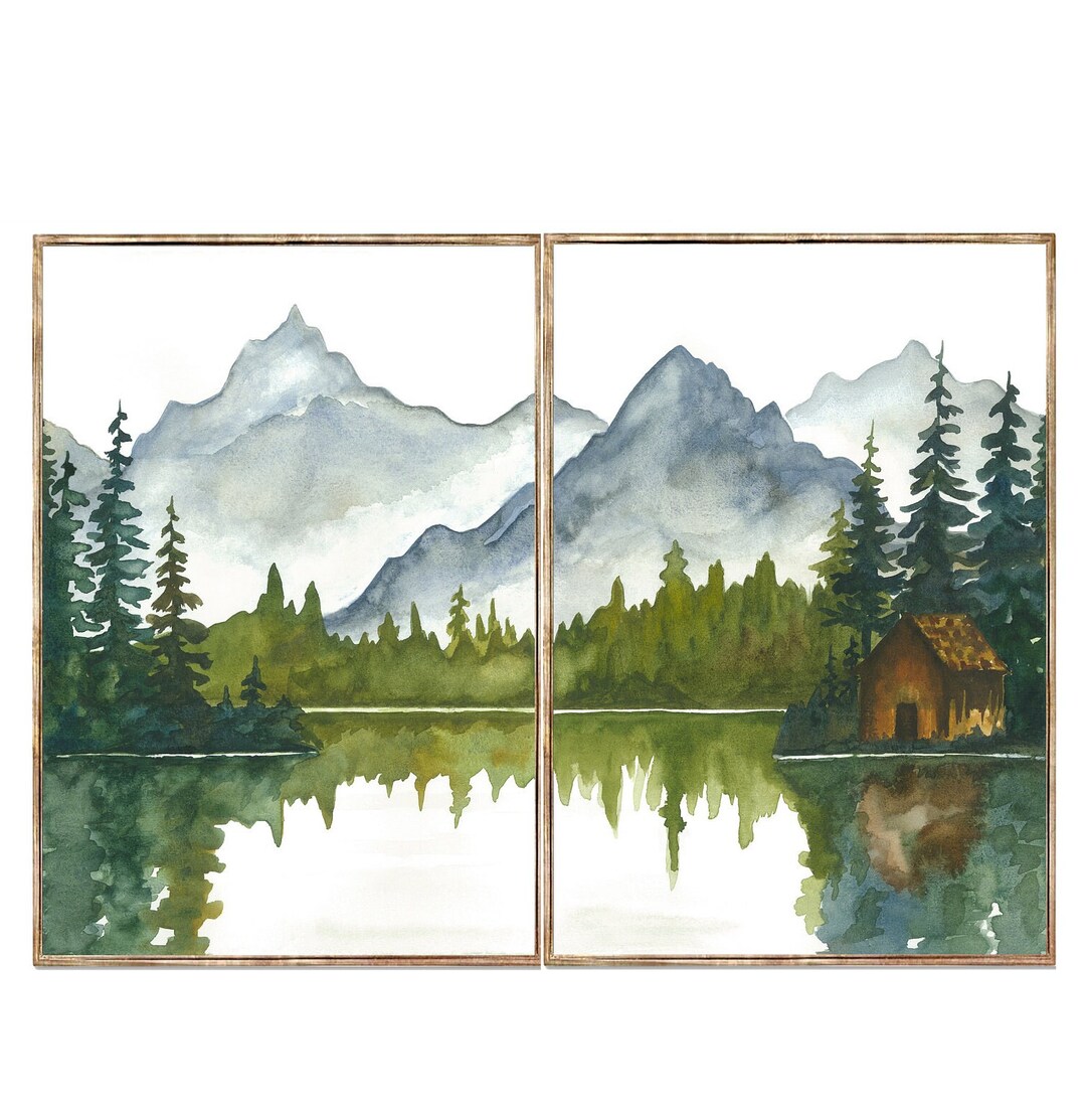 Mountain Lake Watercolor Print Set, Minimalist Cabin Landscape - Etsy