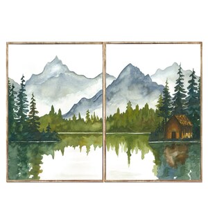 Mountain Lake Art Set Of 2 Forest Cabin Painting Pine Trees Watercolor Print Minimalist Landscape Wall Decor  by RigelStarStore