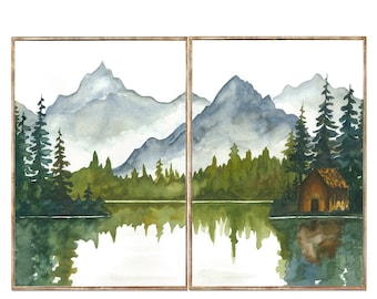 Mountain Lake Watercolor Print Set, Minimalist Cabin Landscape