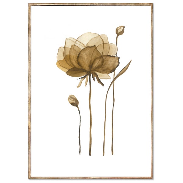 Minimalist Floral Art Print Poppies Watercolor Painting Sepia Flowers Poster Beige and Brown Botanical Wall Art by RigelStarStore