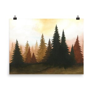 Sunset Forest Art Print Pine Trees Watercolor Painting Terracotta and Black Wall Art Minimalist Landscape Wall Decor by RigelStarStore image 7