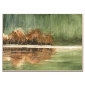 Green Lake Art Print Large Panoramic Landscape Green Brown Farmhouse Wall Decor Forest Lake Watercolor Painting by RigelStarStore