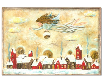 Guardian Angel Art Print, Christmas Village Religious Wall Decor