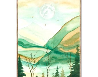 Tail Blue Mountains Art Print Mountain Forest Watercolor Painting Full Moon Poster Bohemian Wall Decor Mountain Moon Print by RigelStarStore