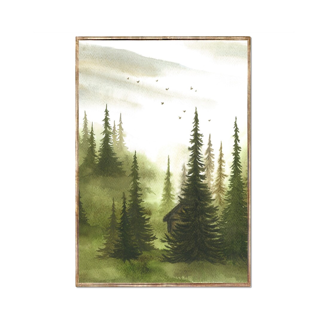 Misty Pine Forest Watercolor Painting, Sage Green Wall Art - Etsy