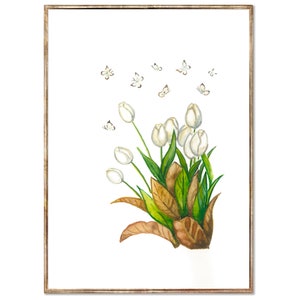 White Tulips Art Print Spring Flowers Watercolor Painting Botanical Poster White Butterflies Artwork Floral Wall Art by RigelStarStore