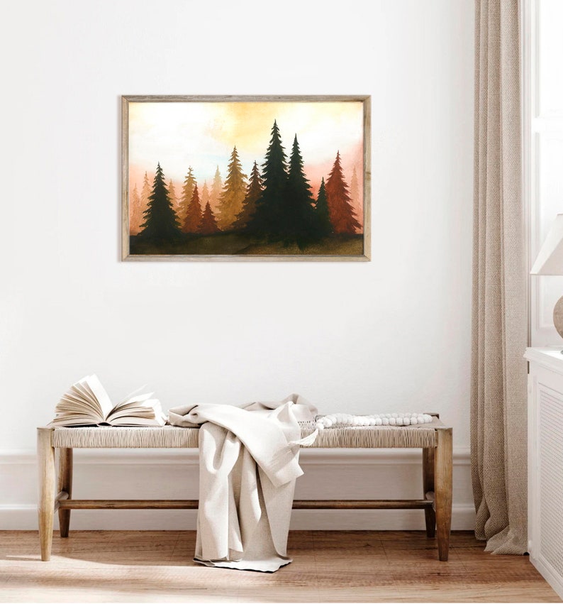 Sunset Forest Art Print Pine Trees Watercolor Painting Terracotta and Black Wall Art Minimalist Landscape Wall Decor by RigelStarStore image 2
