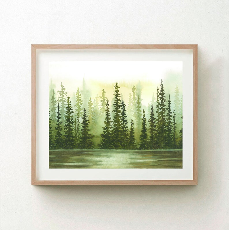 Pine Forest Watercolor Painting, Sage Green Sunset Art Print - Etsy