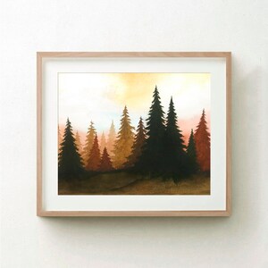 Sunset Forest Art Print Pine Trees Watercolor Painting Terracotta and Black Wall Art Minimalist Landscape Wall Decor by RigelStarStore image 8