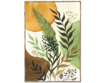Boho Botanical Watercolor Print, Abstract Terracotta Wall Art