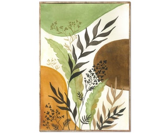 Boho Floral Watercolor Painting, Abstract Botanical Wall Art