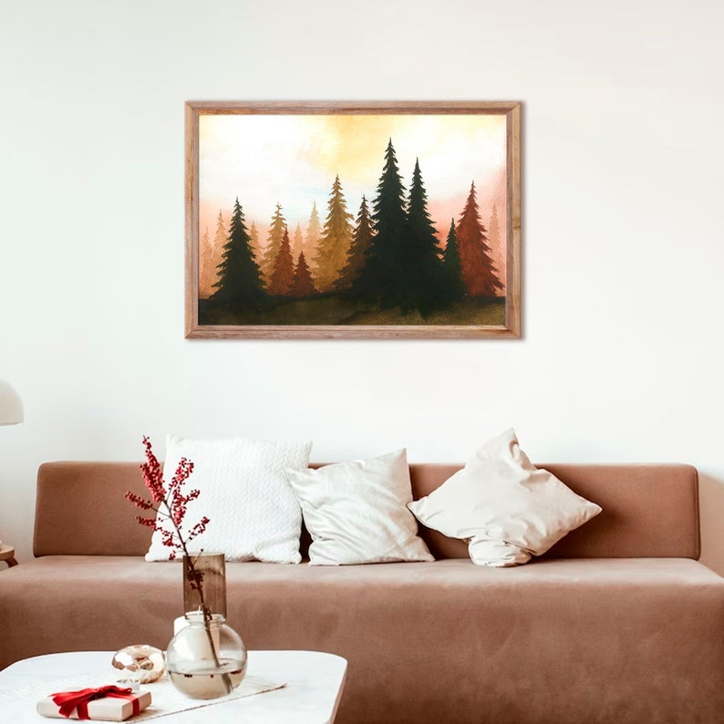 Sunset Forest Art Print Pine Trees Watercolor Painting Terracotta and Black Wall Art Minimalist Landscape Wall Decor by RigelStarStore image 3